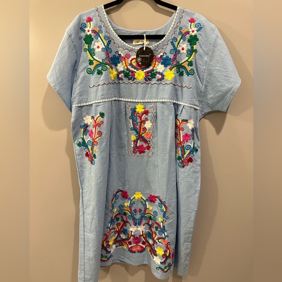 NWT YZXDORWJ Embroidered Sky Blue Dress Size 3X Colorful - Picture 2 of 4